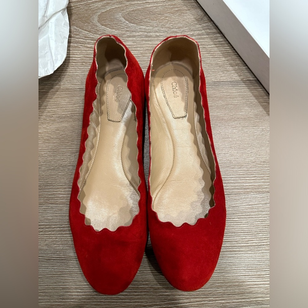 Chloé “Lauren” Red Suede Scalloped Ballet Flats Ballerina